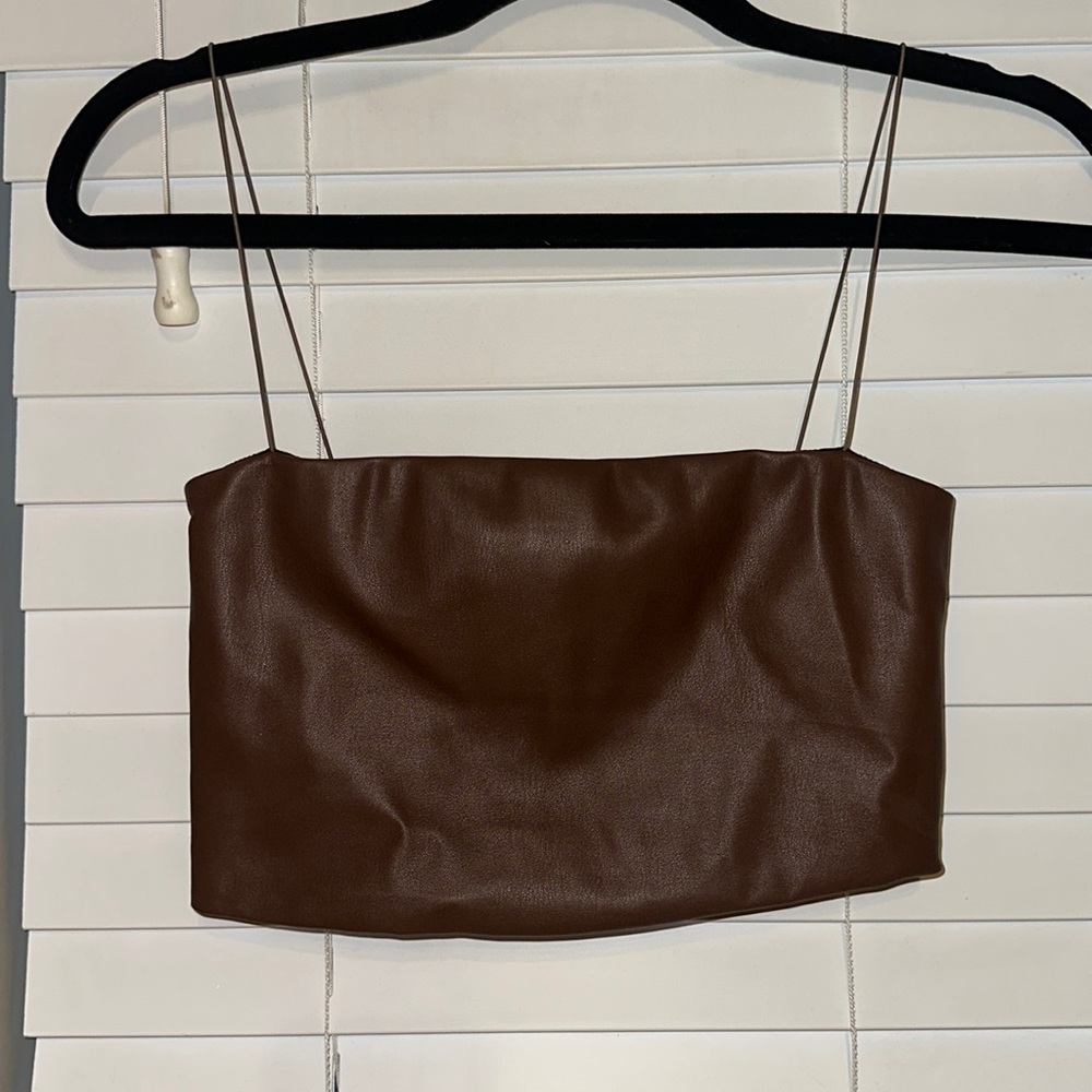 MESHKI brown leather crop top